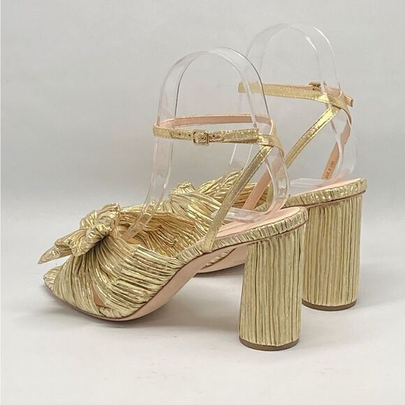 Loeffler Randall Camellia Gold Pleated Bow Heel Sandals size 6.5 - Picture 4 of 12